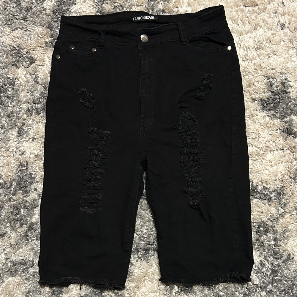 Fashion Nova Black Ripped High-Rise Bermuda Shorts